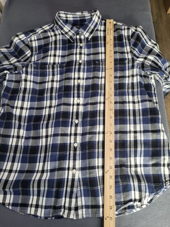 Lauren Ralph Lauren Women's XL Plaid Button Up Shirt Blue White Black Roll Tab - Picture 7 of 8